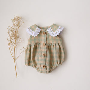 Doll Clothes – Linen Pointed Collar Bubble Playsuit with Lace