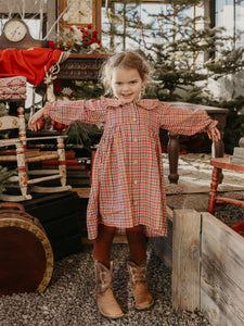 Holiday Check Cotton Long Sleeve Frilled Collar Dress with Curved Waistline