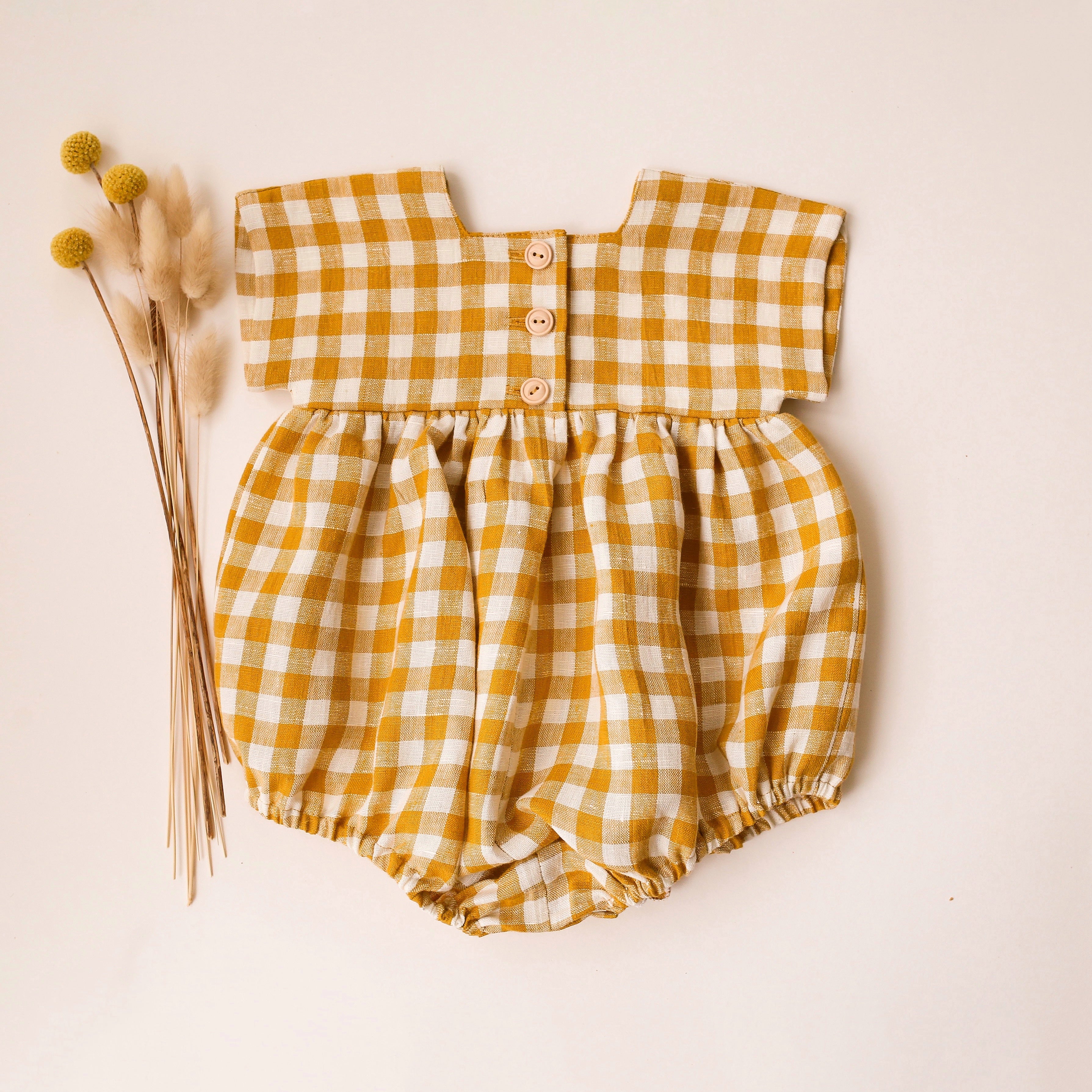12-18 months - Mustard Yellow Gingham Linen Dolman Sleeve Bubble Playsuit