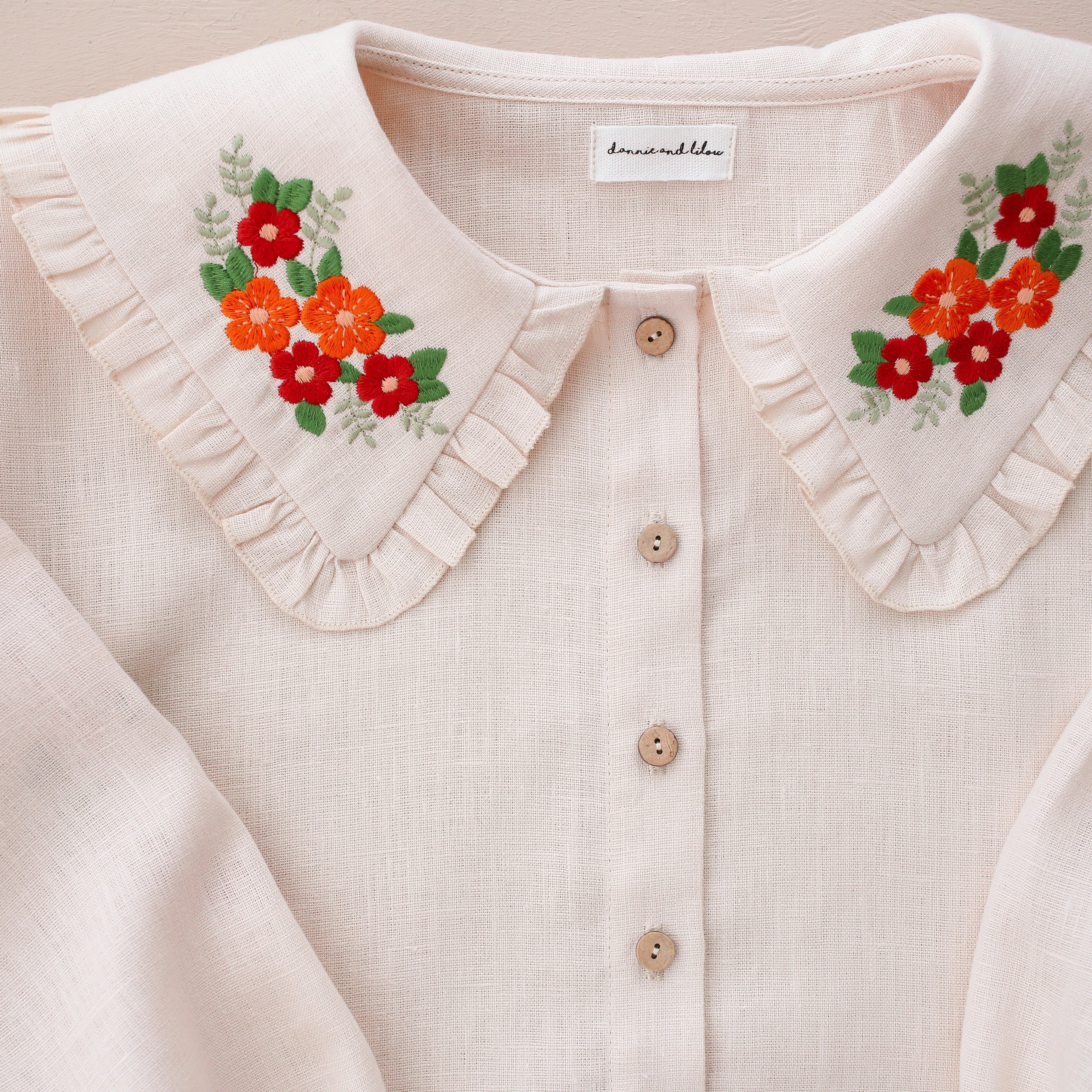 Ivory Linen Frilled Collar Bubble Sleeve Blouse with "Tiny Blossom" Embroidery