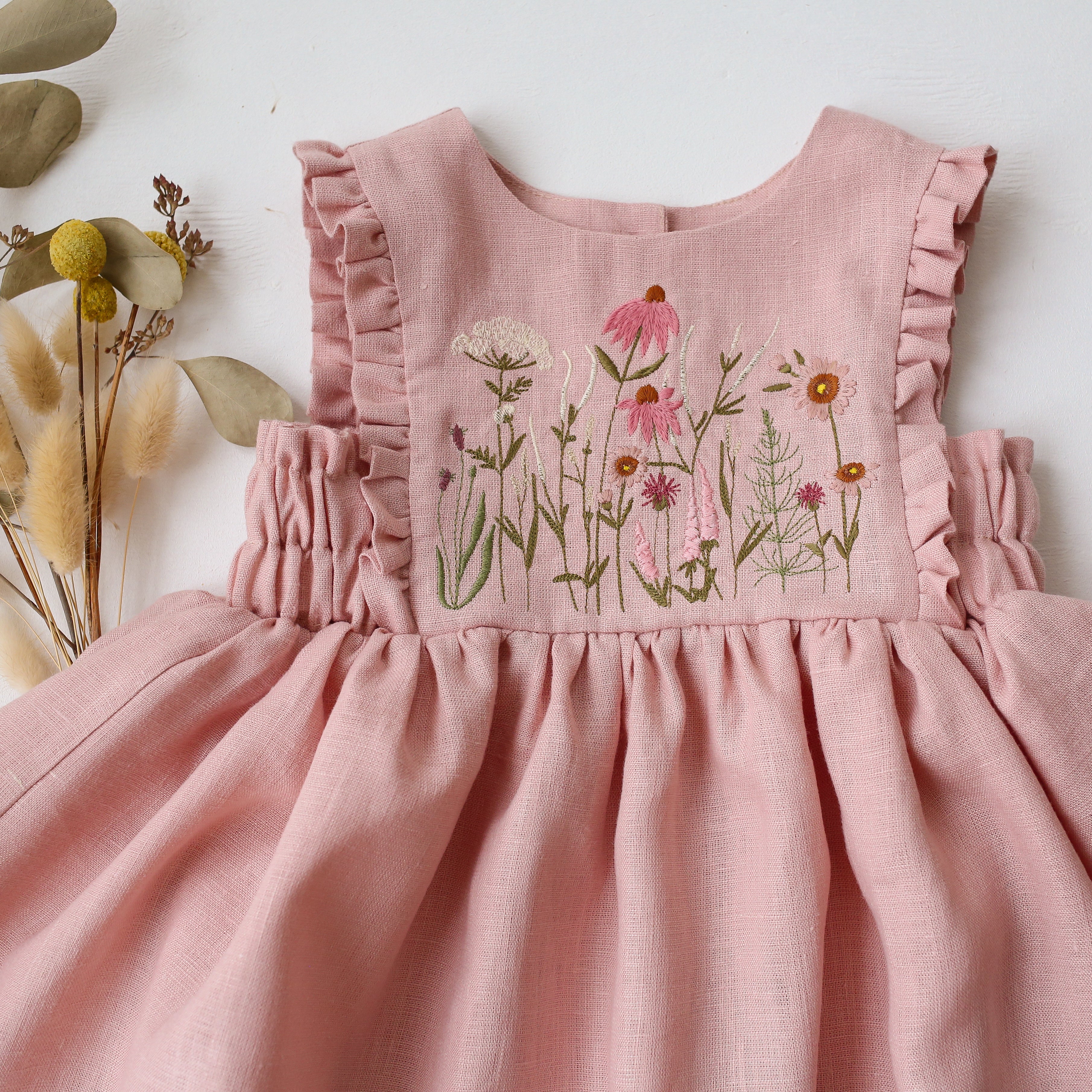 Powder Linen Pinafore Dress with Ruffled Hem with "Echinacea Flowers" Embroidery