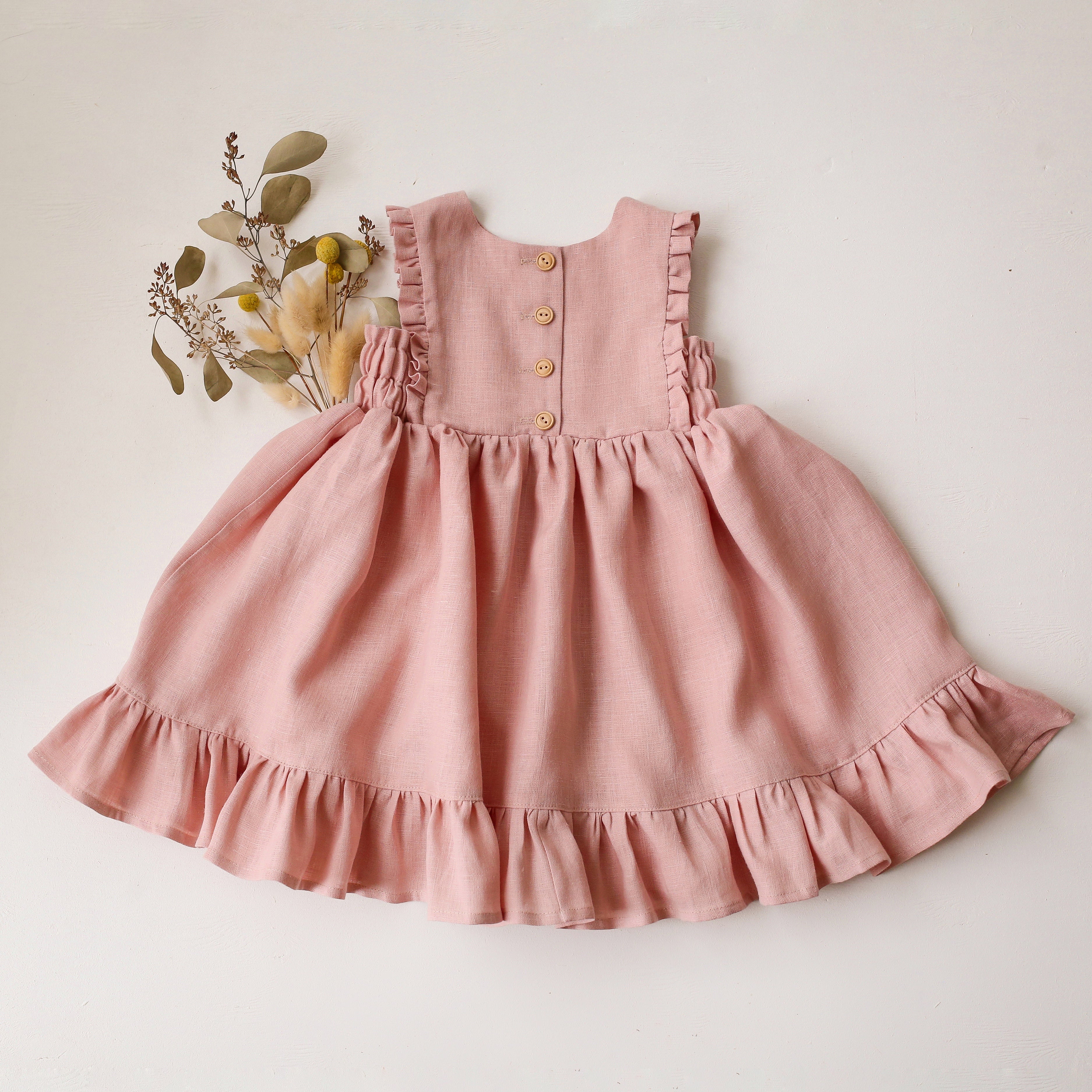 Powder Linen Pinafore Dress with Ruffled Hem with "Echinacea Flowers" Embroidery