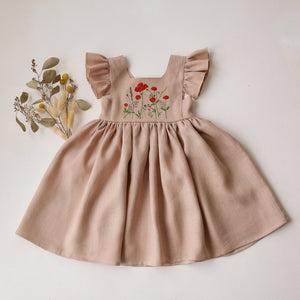 Beige Linen Flutter Sleeve Square Neckline Dress with "Poppy Meadow" Embroidery