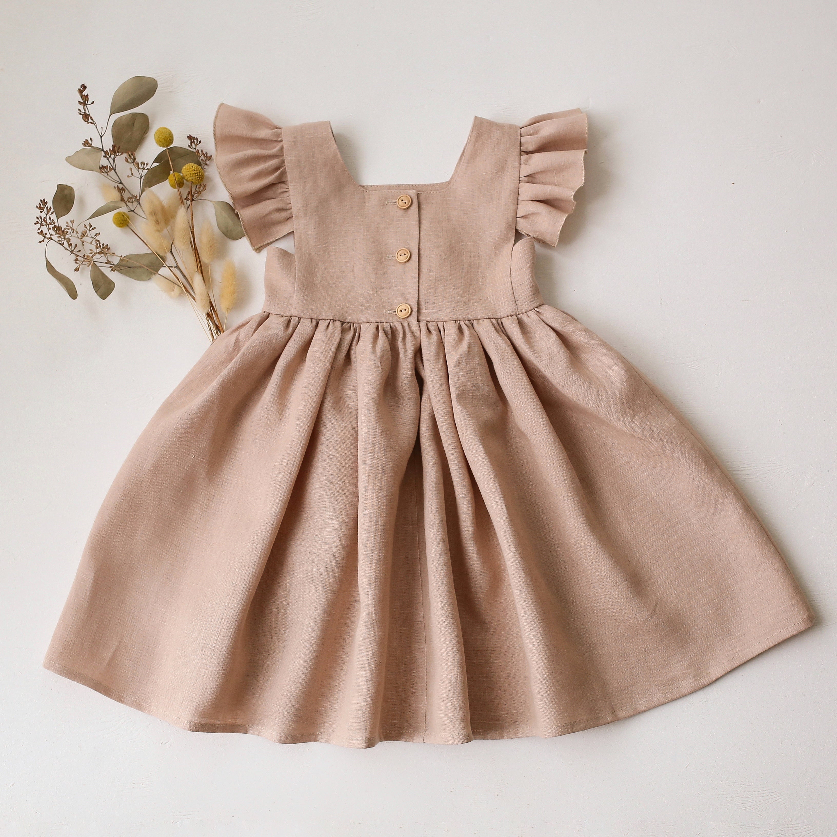 Beige Linen Flutter Sleeve Square Neckline Dress with "Poppy Meadow" E Dannie and Lilou Beige Linen Flutter Sleeve Square Neckline Dress with "Poppy Meadow" E Dannie and Lilou