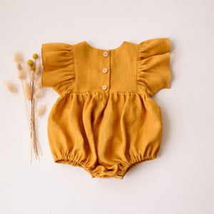 Amber Linen Ruffle Sleeve Bubble Playsuit with "Birds Garden" Embroidery