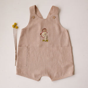 Beige Linen Button Front Jumpsuit with “Hedgehog on Toadstool” Embroidery