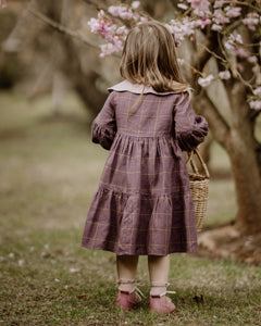 Pale Lilac Linen Lantern Sleeve Tiered Dress with Scalloped Collar in Beige Linen with "Mini Acorns" Embroidery