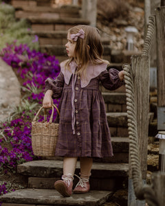Pale Lilac Linen Lantern Sleeve Tiered Dress with Scalloped Collar in Beige Linen with "Mini Acorns" Embroidery