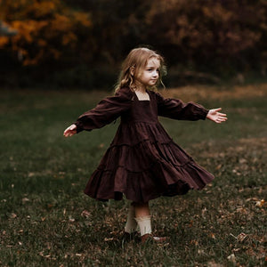 Dark Brown Linen Long Sleeve Tiered Dress with Elastic Casing Back