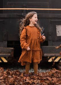 Burnt Orange Linen Long Sleeve Frills Bodice Tiered Dress