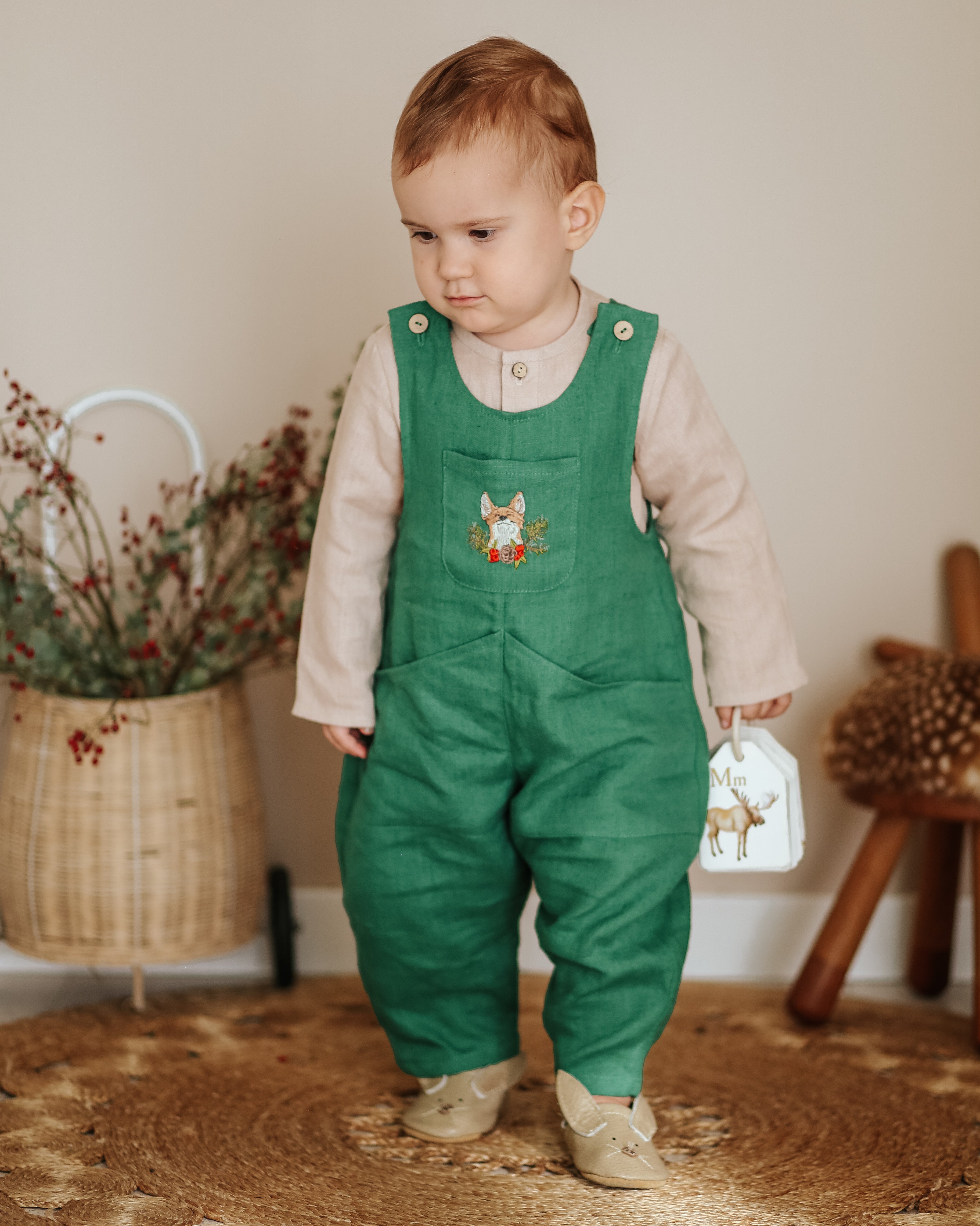 Emerald Green Linen Front Pockets Overalls with "Christmas Fox" Embroidery