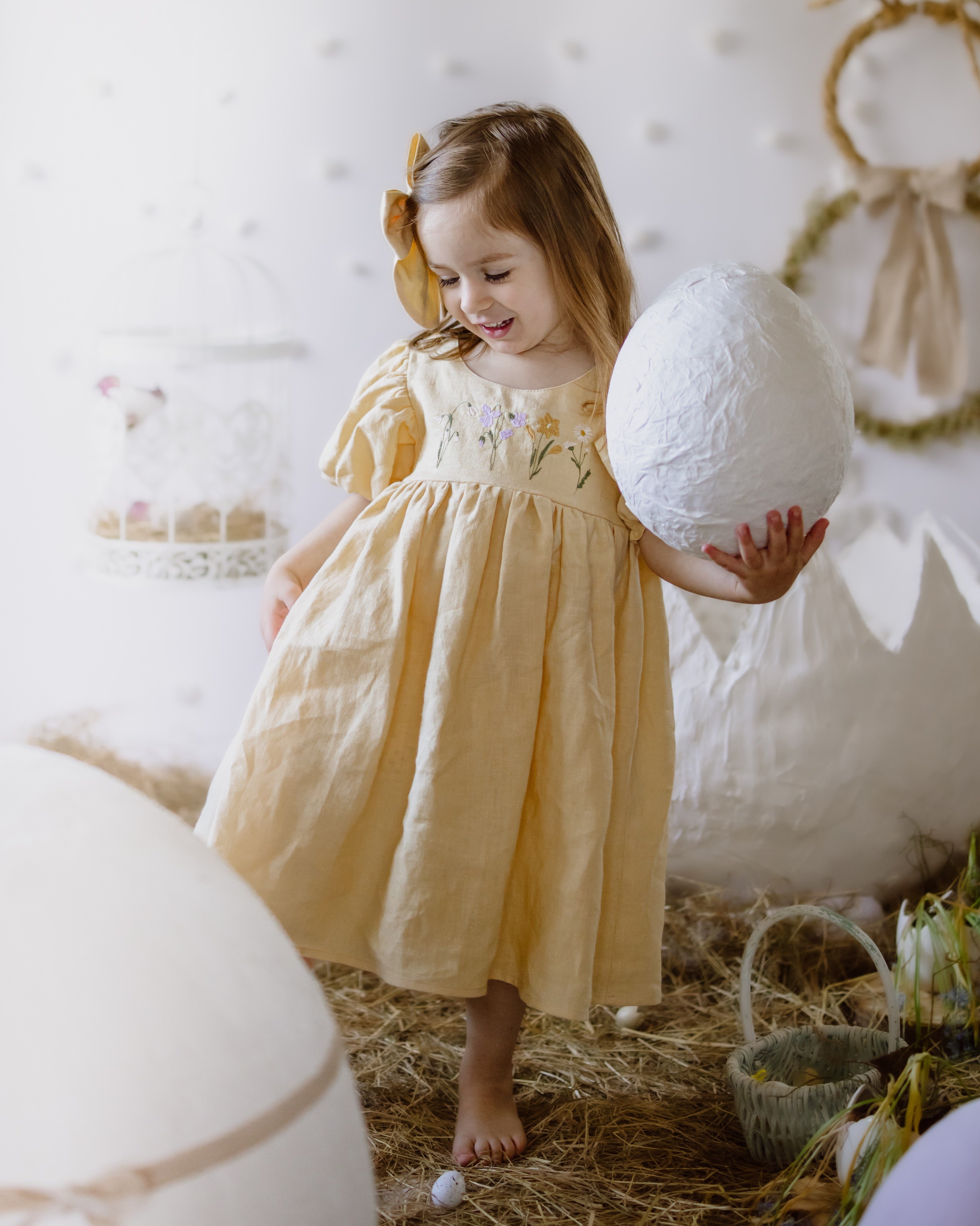 Vanilla Linen Criss-Cross Back Dress with "Spring Flowers" Embroidery