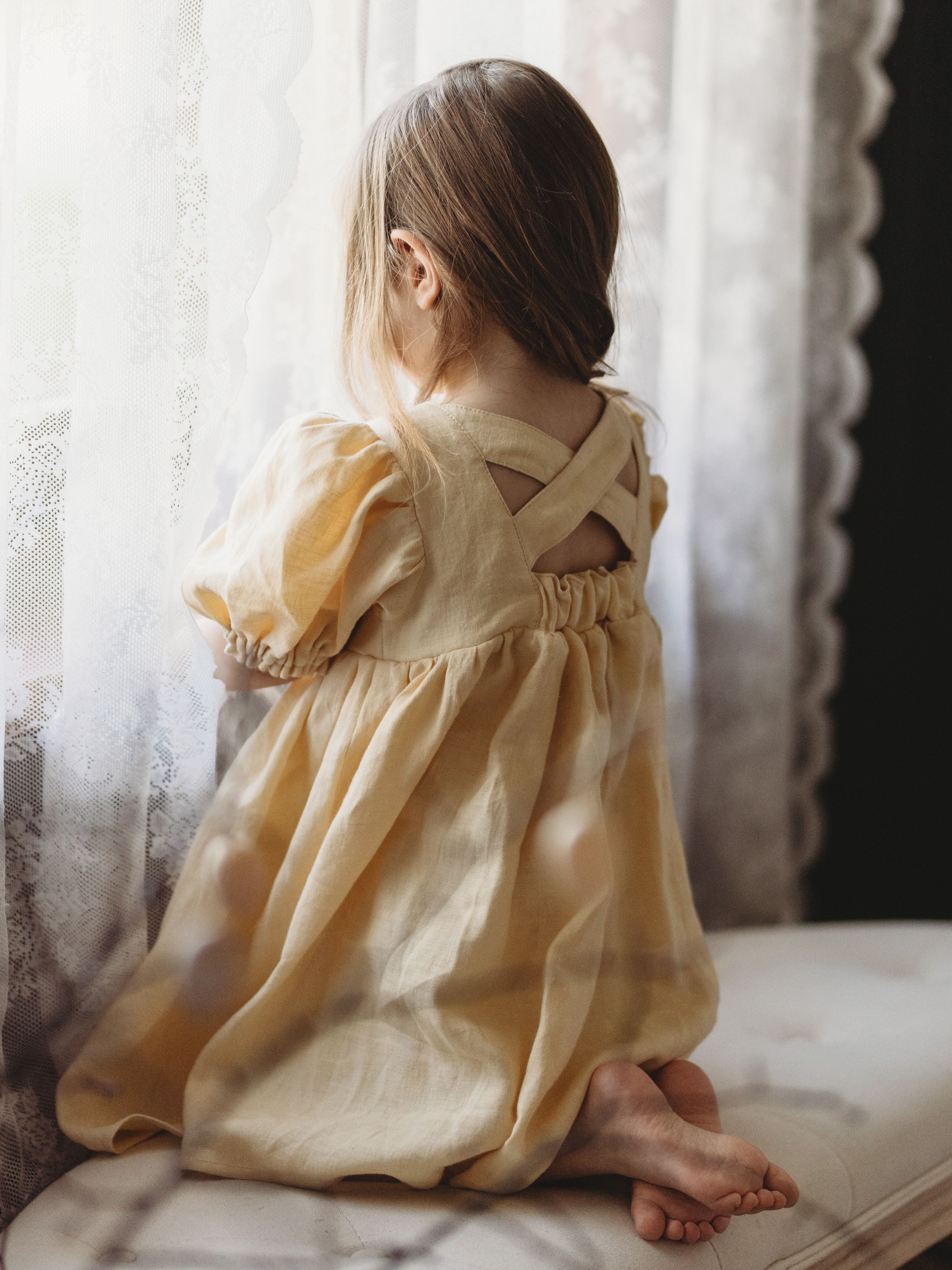 Vanilla Linen Criss-Cross Back Dress with "Spring Flowers" Embroidery