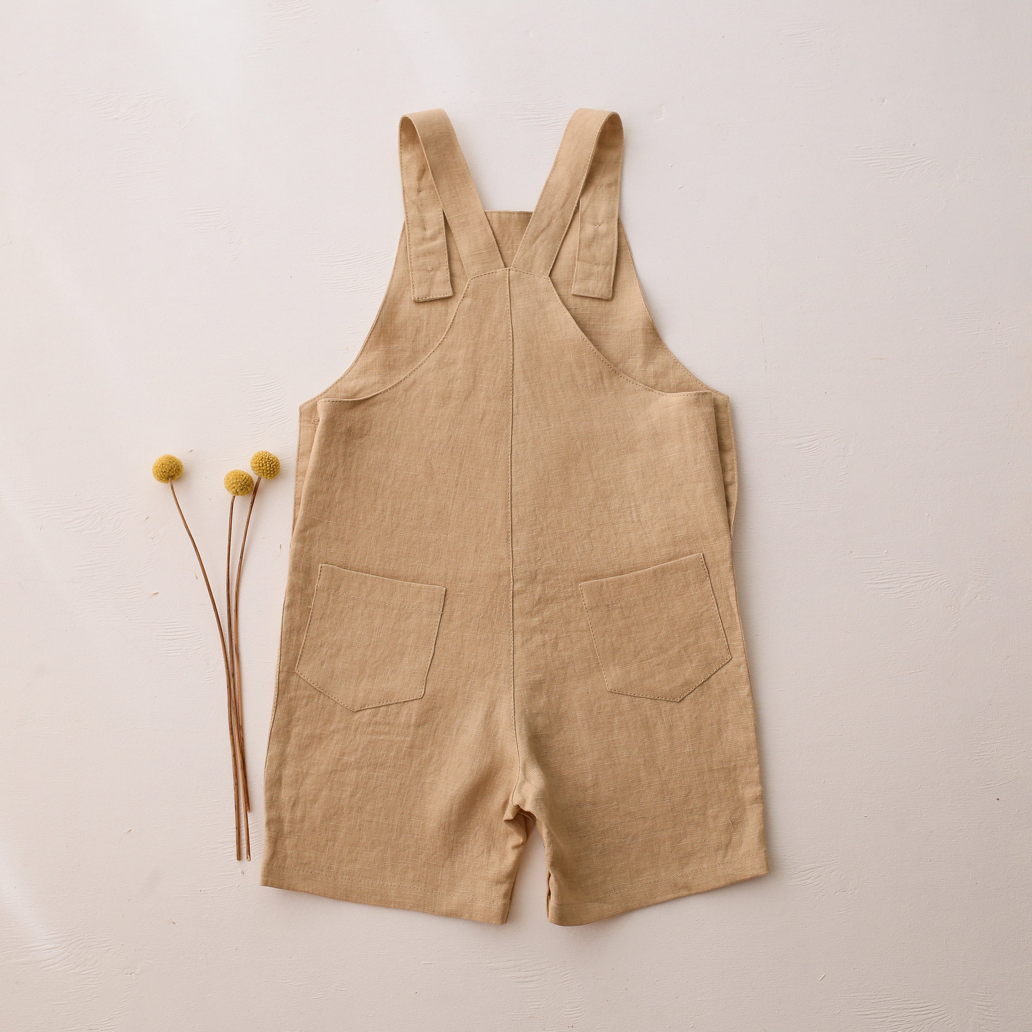 Duck Egg Blue Linen Buttoned Short Dungaree with “Snail on Mushrooms” Embroidery