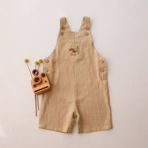 Duck Egg Blue Linen Buttoned Short Dungaree with “Snail on Mushrooms” Embroidery