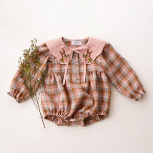 Hazel Rose Check Linen Long Sleeve Bubble Playsuit with Petal Collar in Powder Linen with "Squirrel in Flowers" Embroidery