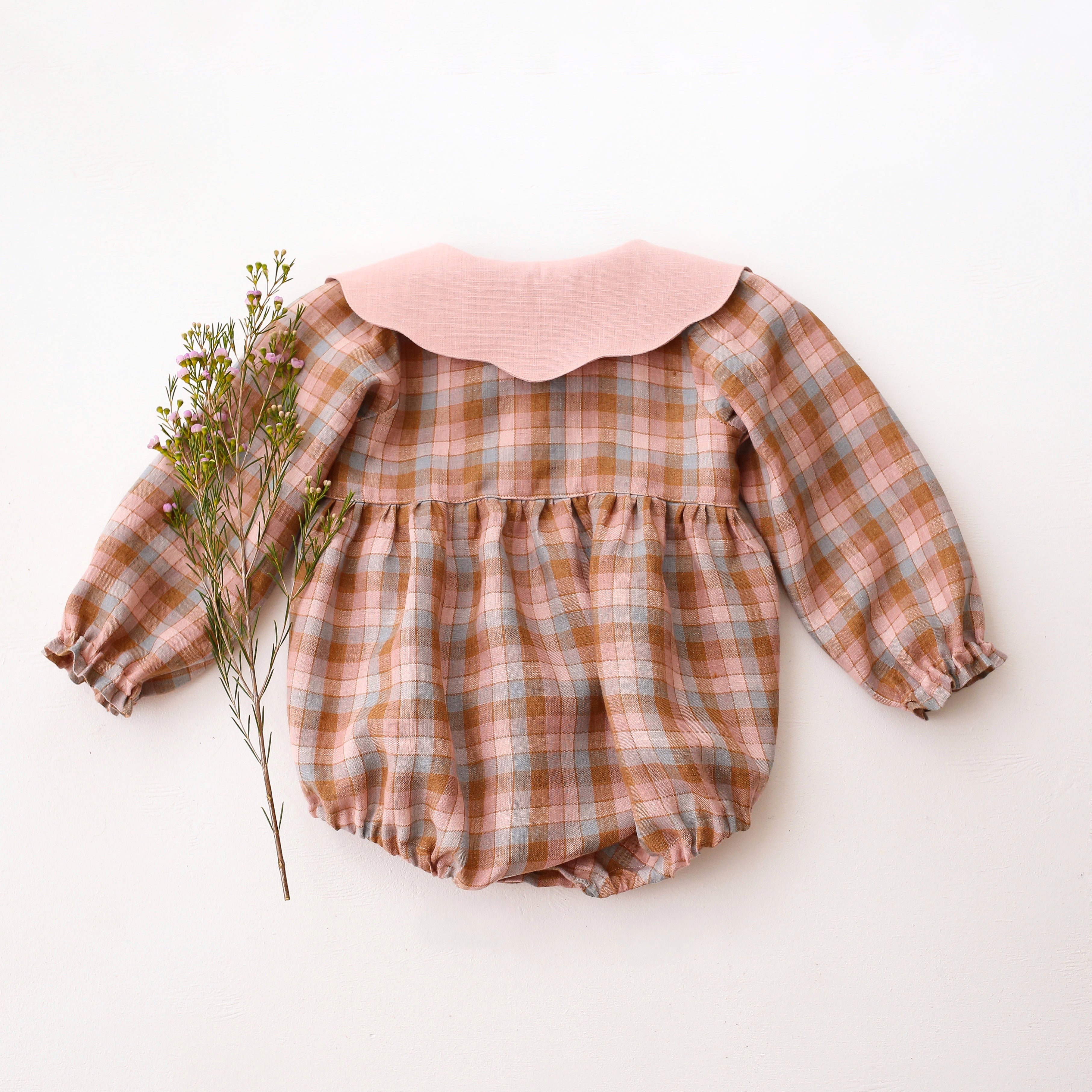 Hazel Rose Check Linen Long Sleeve Bubble Playsuit with Petal Collar in Powder Linen with "Squirrel in Flowers" Embroidery