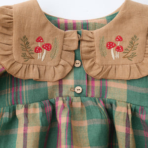 Mulberry Fern Check Linen Long Sleeve Bubble Playsuit with Square Collar in Latte Linen and "Tiny Mushrooms" Embroidery