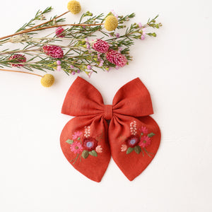 Embroidered Hair Bow with "Meadow Posy" Embroidery in Paprika Linen