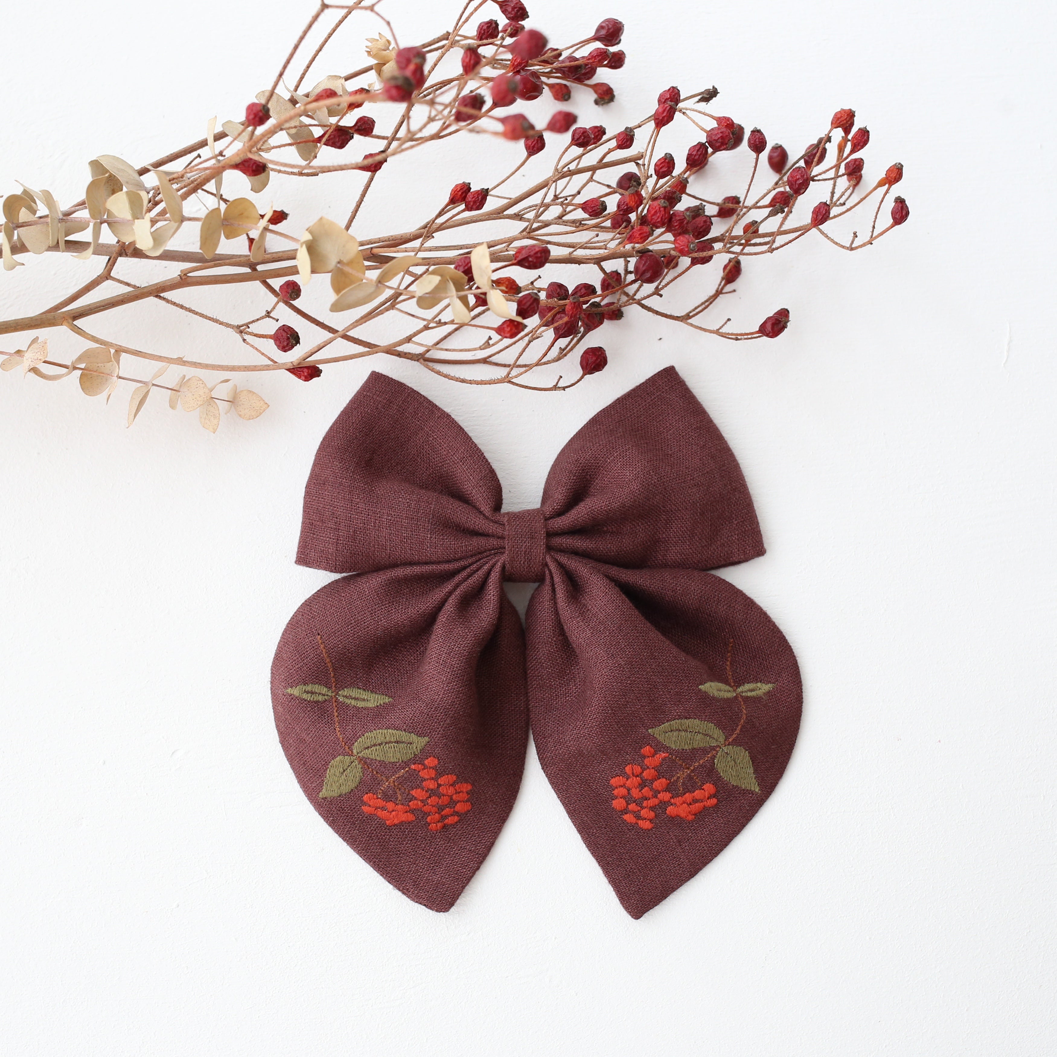 Embroidered Hair Bow with "Berry Branch" Embroidery in Chocolate Plum Linen
