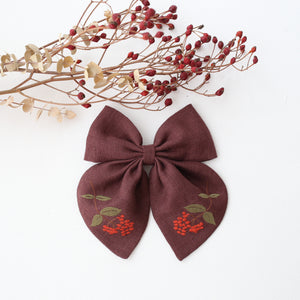 Embroidered Hair Bow with "Berry Branch" Embroidery in Chocolate Plum Linen