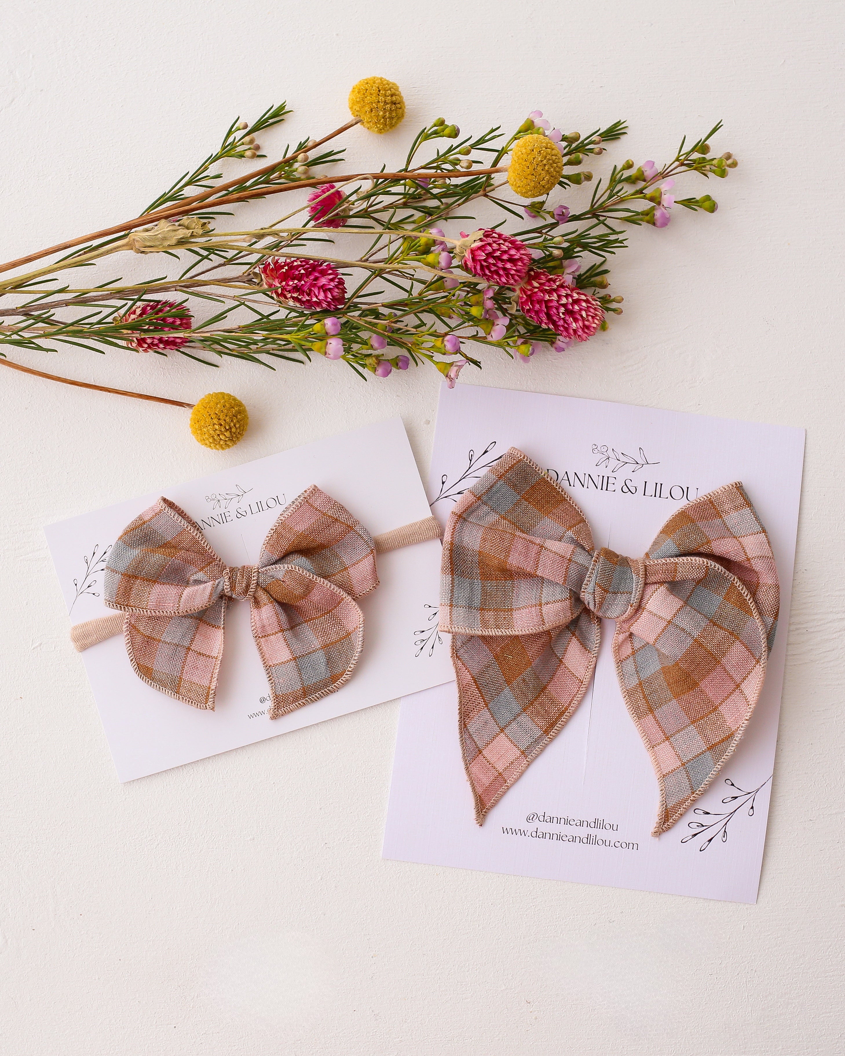 Whimsy Hair Bow in Hazel Rose Check Linen