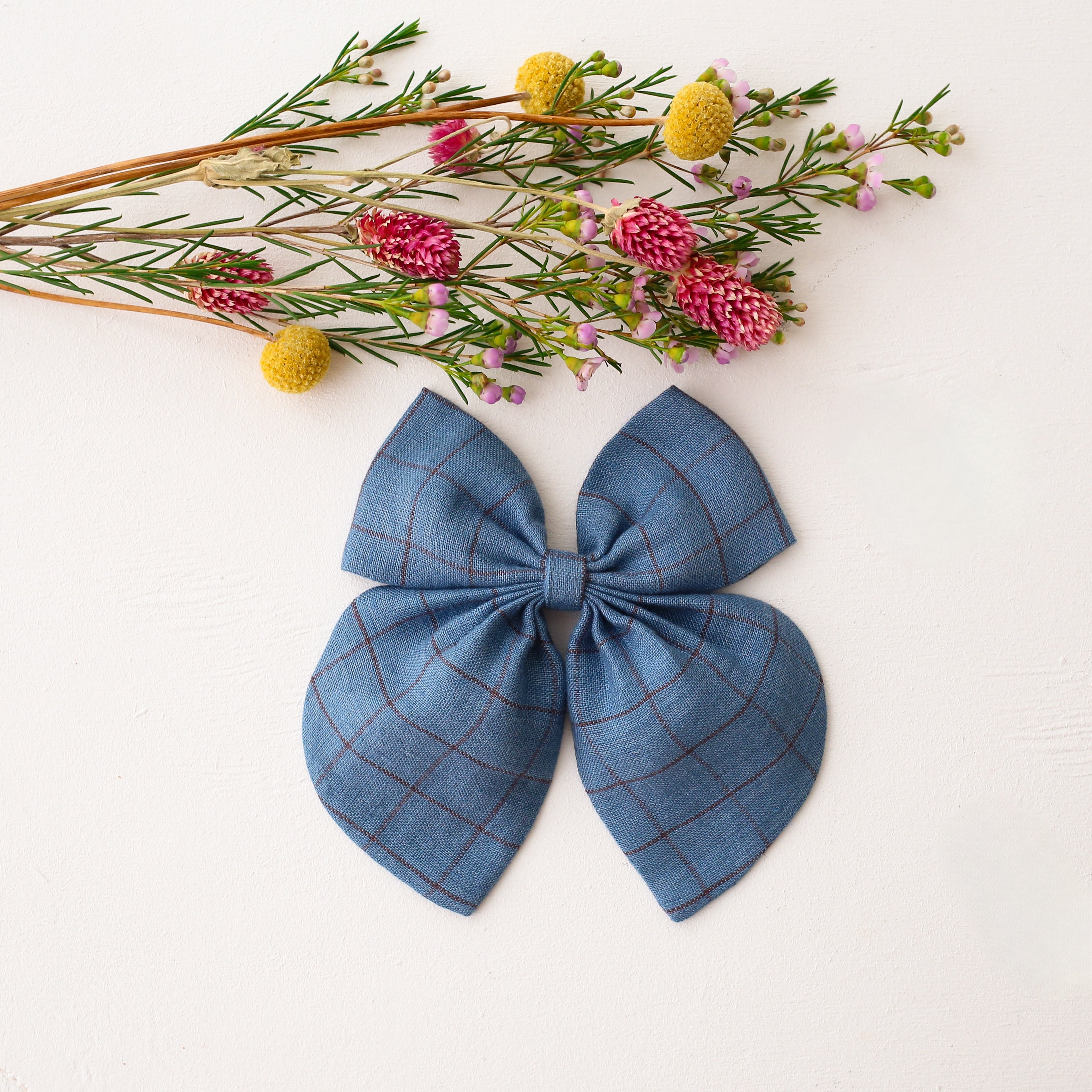 Bella Hair Bow in Woodland Sky Check Linen
