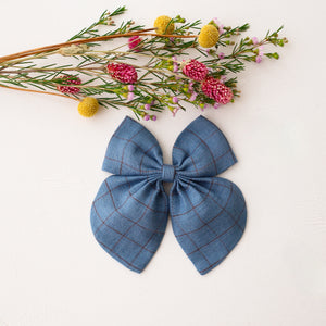 Bella Hair Bow in Woodland Sky Check Linen