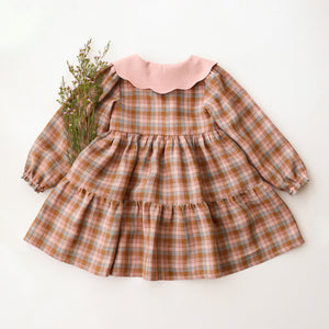 Hazel Rose Check Linen Long Sleeve Tiered Dress with Petal Collar in Powder Linen with "Bird on Berry Branch" Embroidery