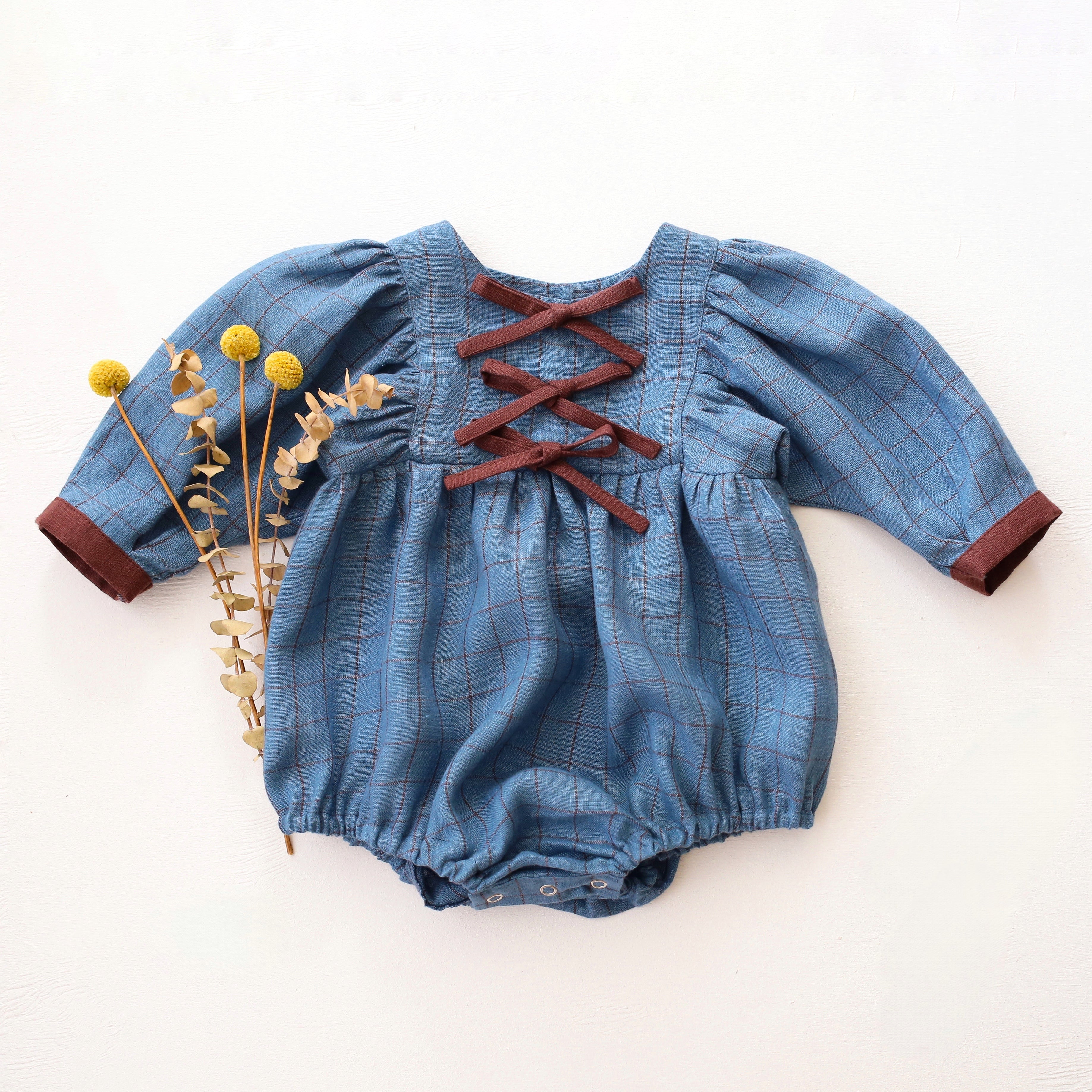 Woodland Sky Check Linen Puff Sleeve Bow Bubble Playsuit with Chocolate Plum Accent Color
