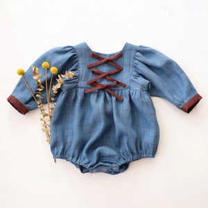 Woodland Sky Check Linen Puff Sleeve Bow Bubble Playsuit with Chocolate Plum Accent Color