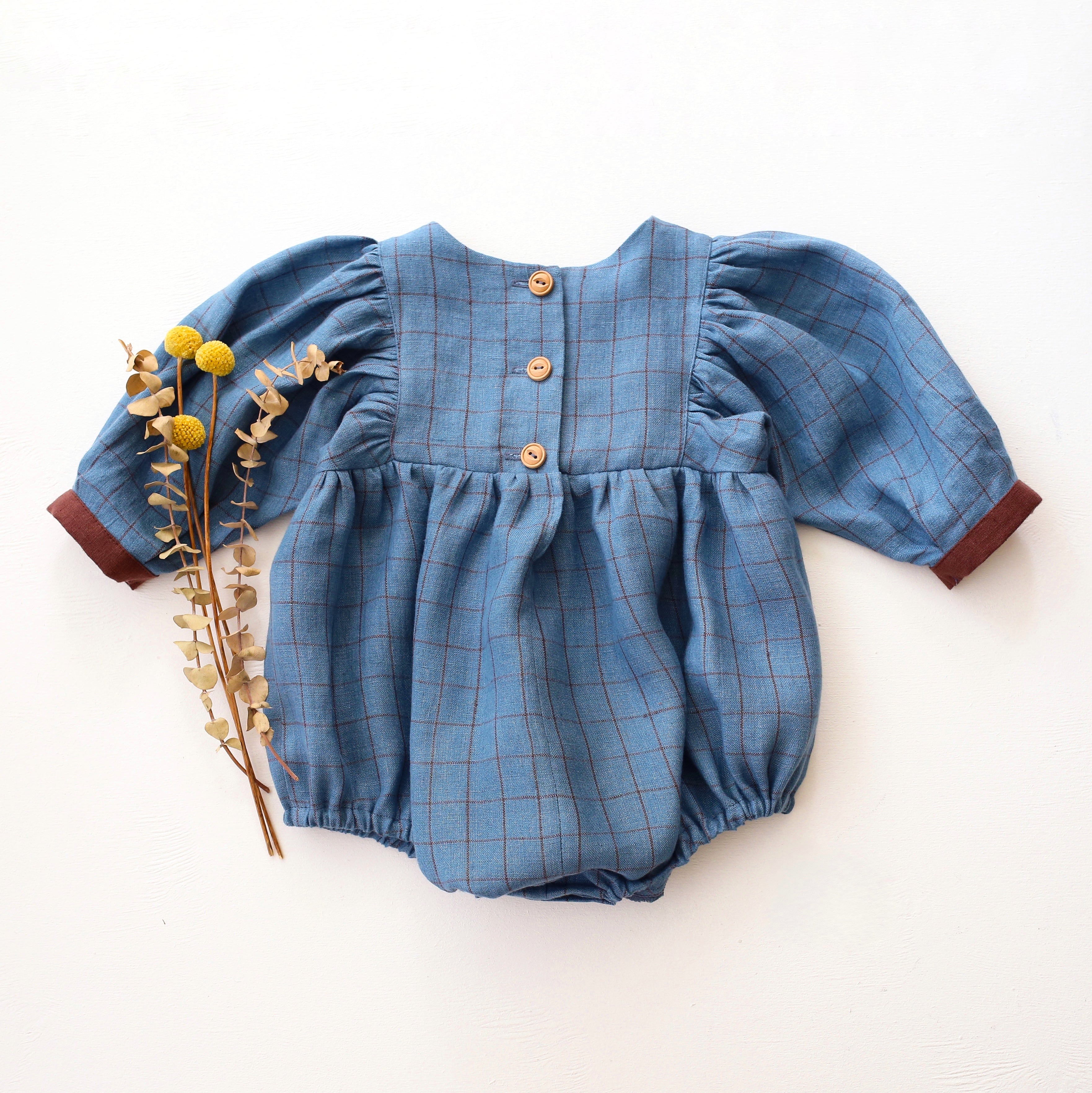 Woodland Sky Check Linen Puff Sleeve Bow Bubble Playsuit with Chocolate Plum Accent Color