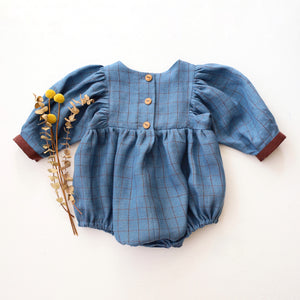 Woodland Sky Check Linen Puff Sleeve Bow Bubble Playsuit with Chocolate Plum Accent Color