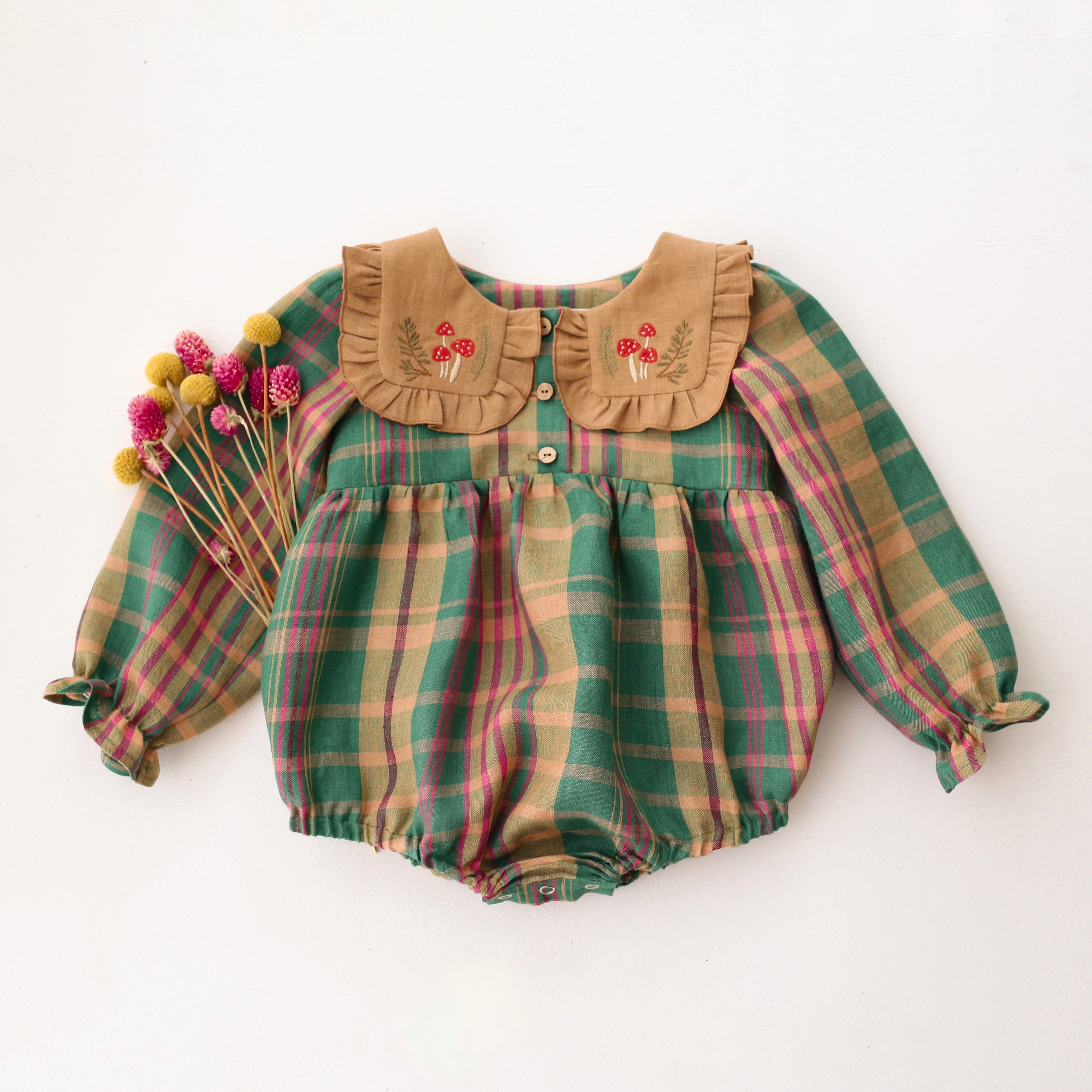 Mulberry Fern Check Linen Long Sleeve Bubble Playsuit with Square Collar in Latte Linen and "Tiny Mushrooms" Embroidery