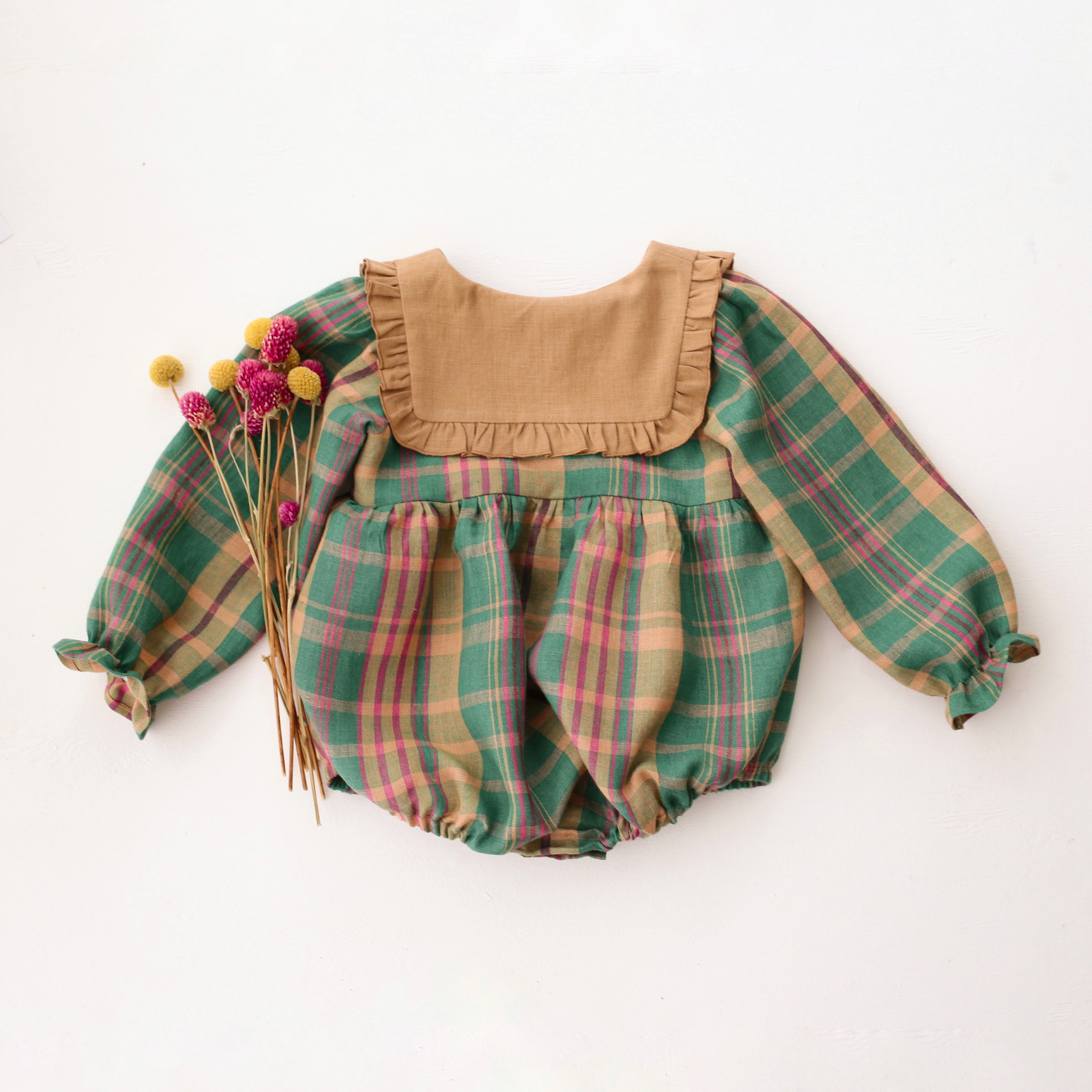 Mulberry Fern Check Linen Long Sleeve Bubble Playsuit with Square Collar in Latte Linen and "Tiny Mushrooms" Embroidery