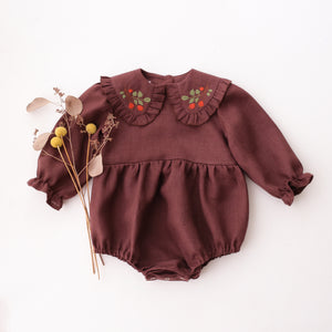 Chocolate Plum Linen Long Sleeve Frilled Collar Bubble Playsuit with "Rosehip" Embroidery