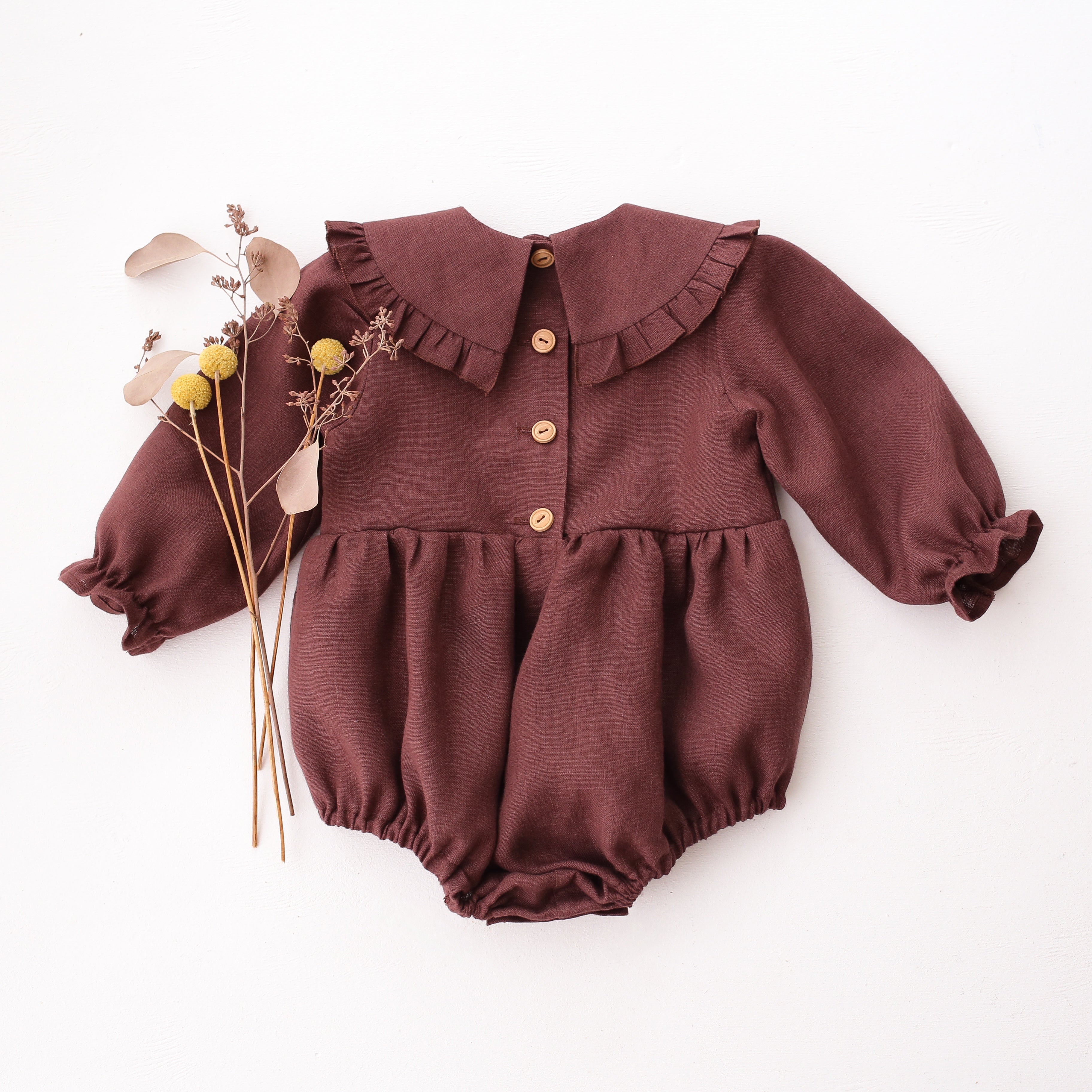 Chocolate Plum Linen Long Sleeve Frilled Collar Bubble Playsuit with "Rosehip" Embroidery