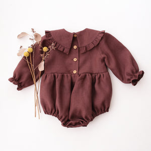 Chocolate Plum Linen Long Sleeve Frilled Collar Bubble Playsuit with "Rosehip" Embroidery