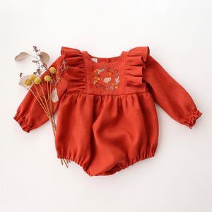 Paprika Linen Long Sleeve Ruffle Bubble Playsuit with "Mouse in Fall Wreath" Embroidery