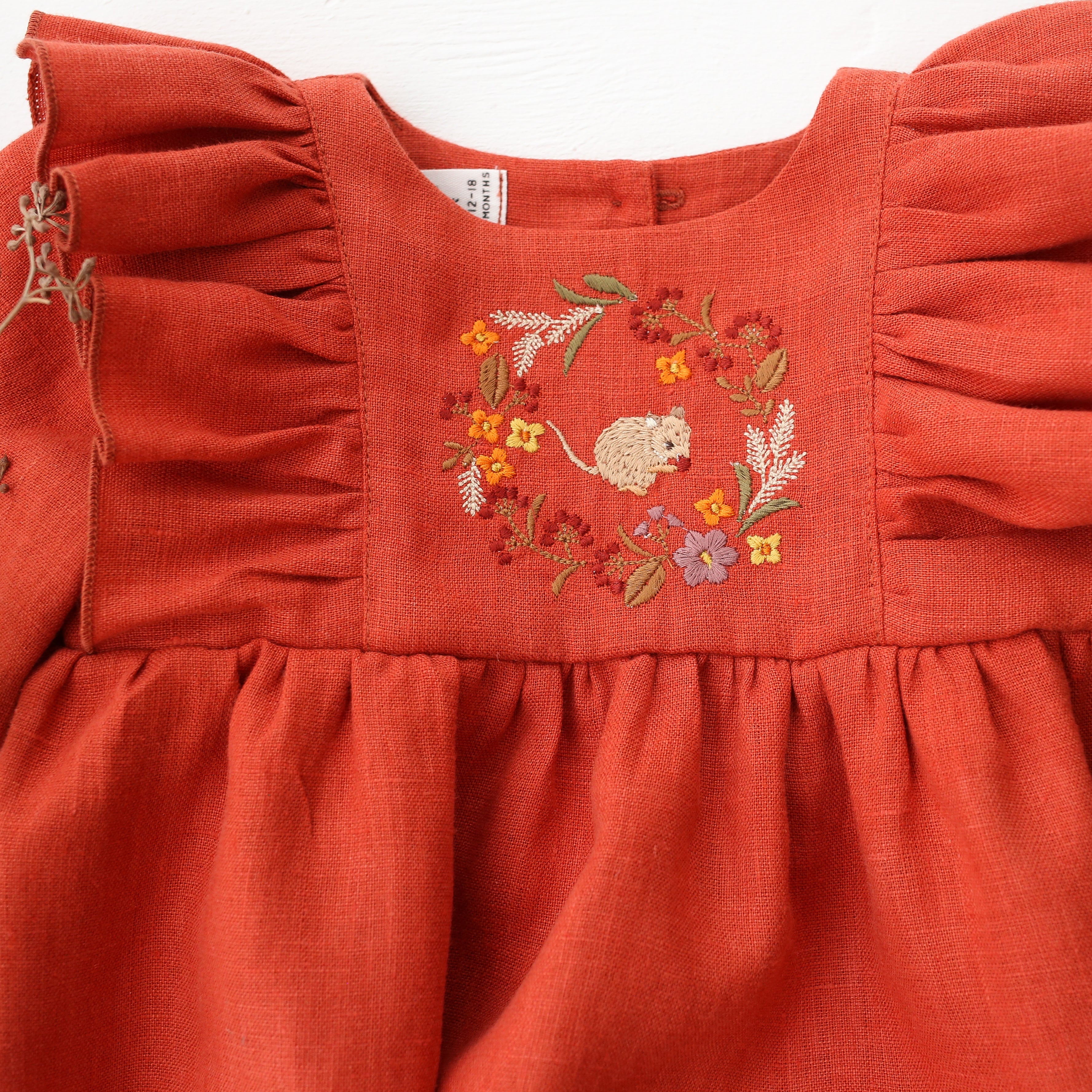 Paprika Linen Long Sleeve Ruffle Bubble Playsuit with "Mouse in Fall Wreath" Embroidery