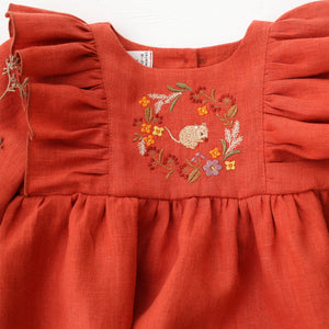 Paprika Linen Long Sleeve Ruffle Bubble Playsuit with "Mouse in Fall Wreath" Embroidery