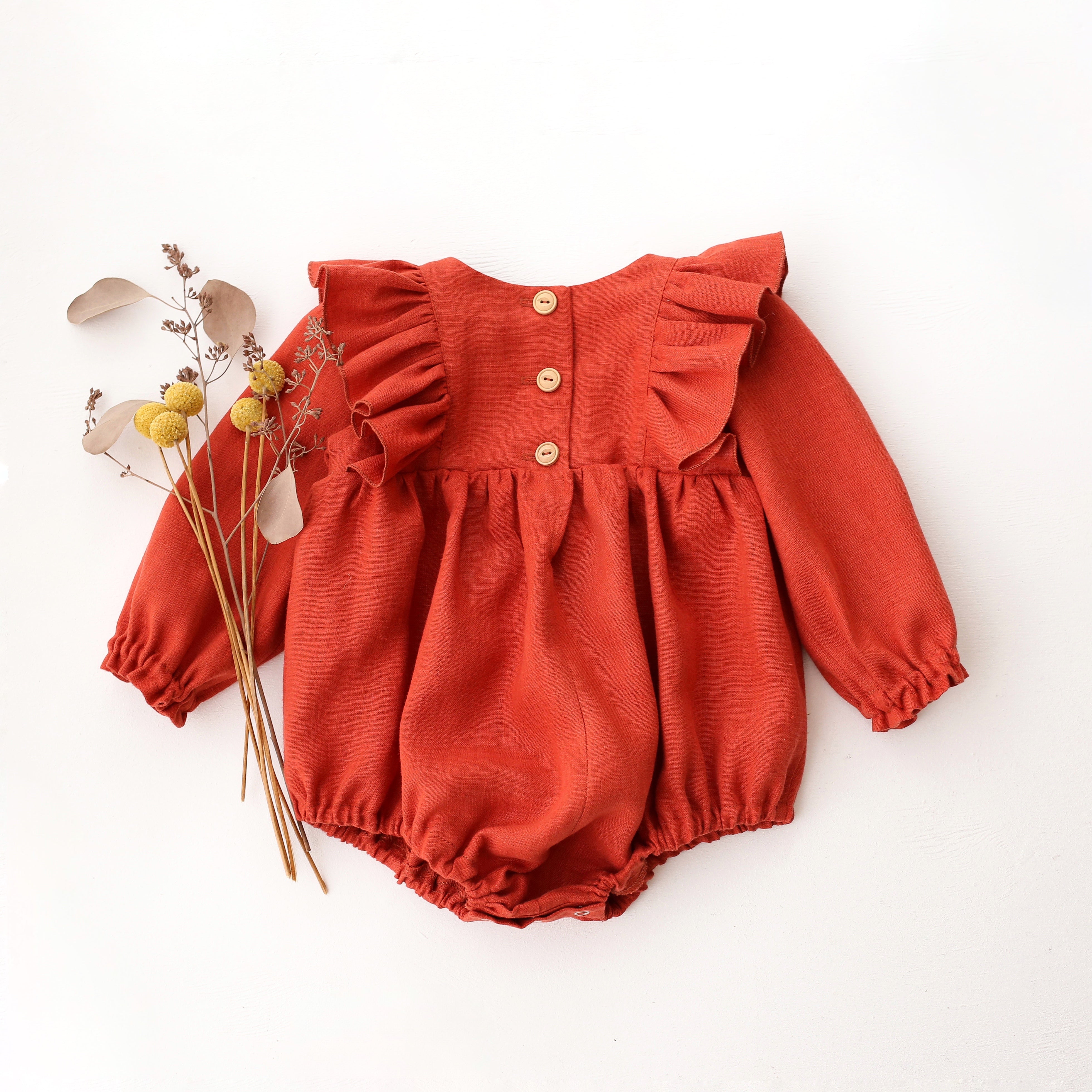 Paprika Linen Long Sleeve Ruffle Bubble Playsuit with "Mouse in Fall Wreath" Embroidery