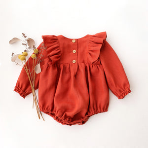 Paprika Linen Long Sleeve Ruffle Bubble Playsuit with "Mouse in Fall Wreath" Embroidery