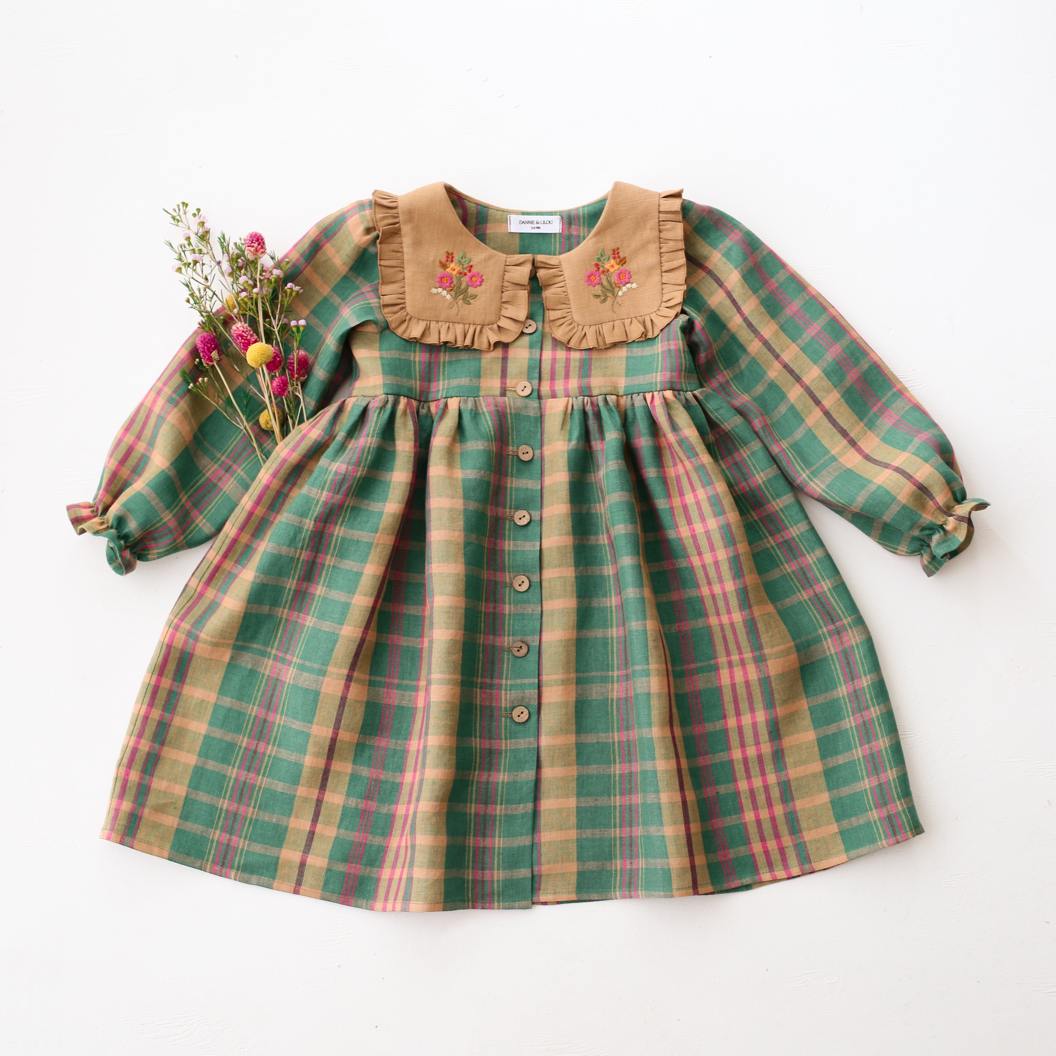 Mulberry Fern Check Linen Long Sleeve Dress with Square Collar in Latte Linen and "Cottage Bouquet" Embroidery