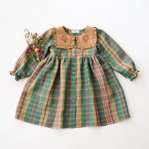 Mulberry Fern Check Linen Long Sleeve Dress with Square Collar in Latte Linen and "Cottage Bouquet" Embroidery