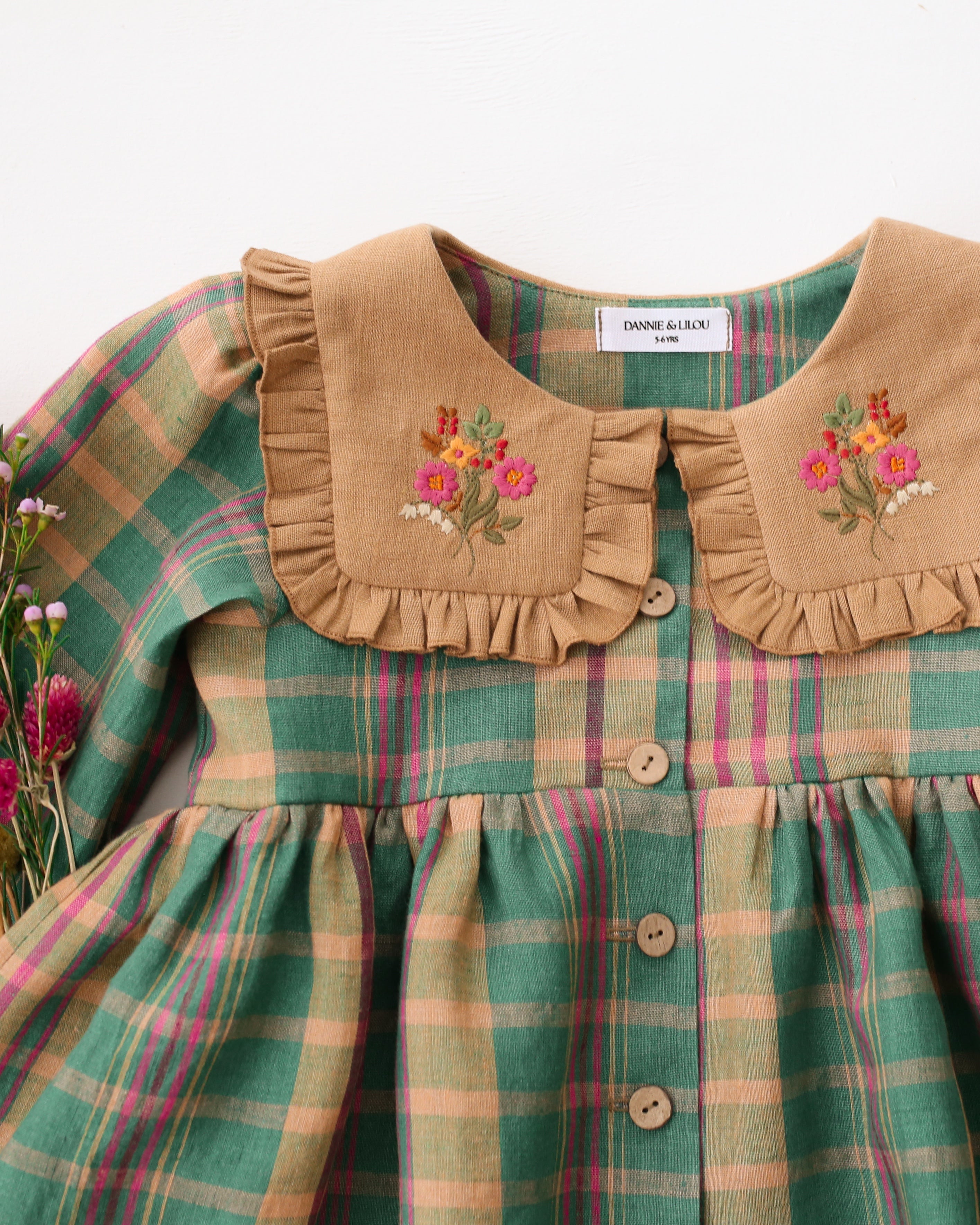 Mulberry Fern Check Linen Long Sleeve Dress with Square Collar in Latte Linen and "Cottage Bouquet" Embroidery