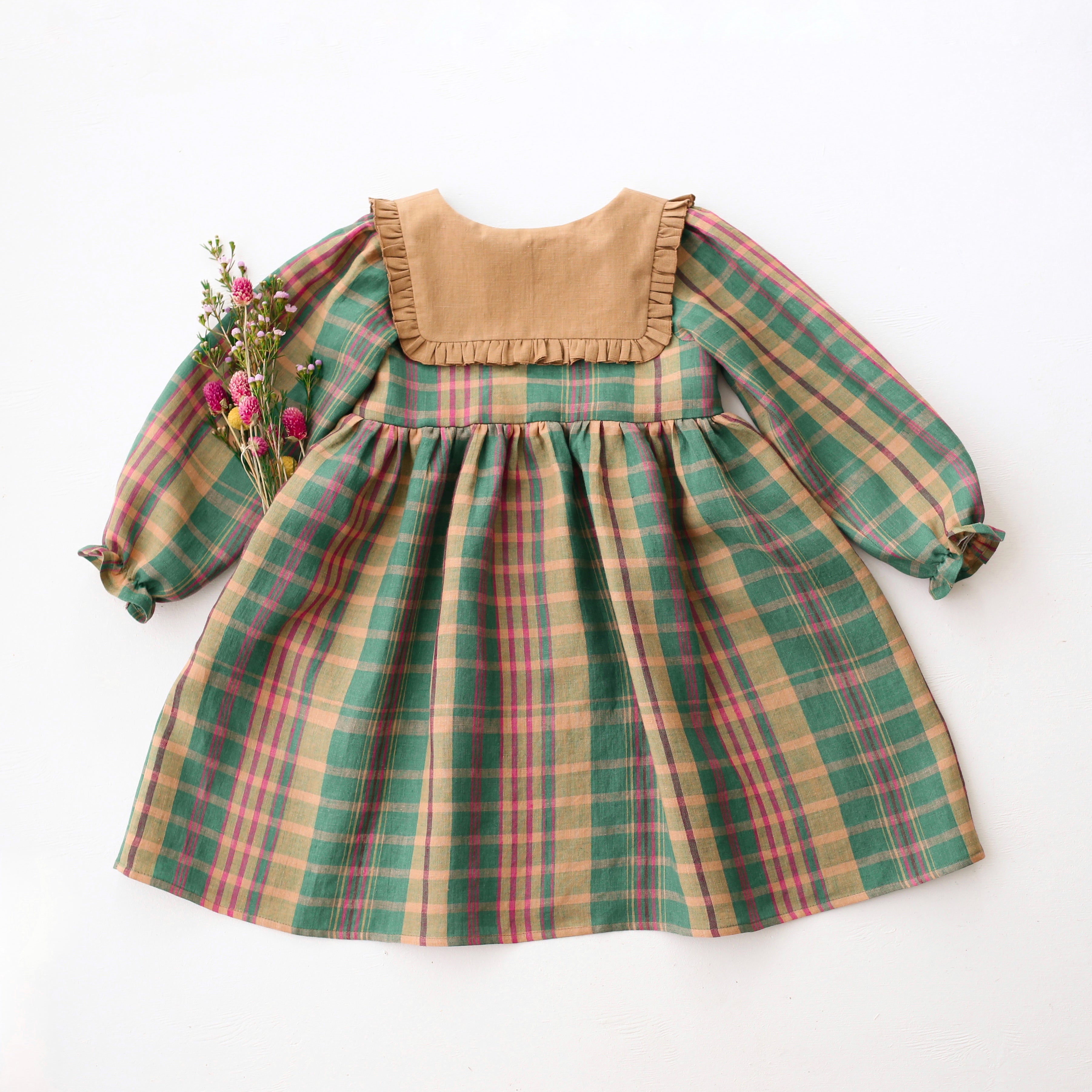 Mulberry Fern Check Linen Long Sleeve Dress with Square Collar in Latte Linen and "Cottage Bouquet" Embroidery