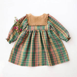 Mulberry Fern Check Linen Long Sleeve Dress with Square Collar in Latte Linen and "Cottage Bouquet" Embroidery