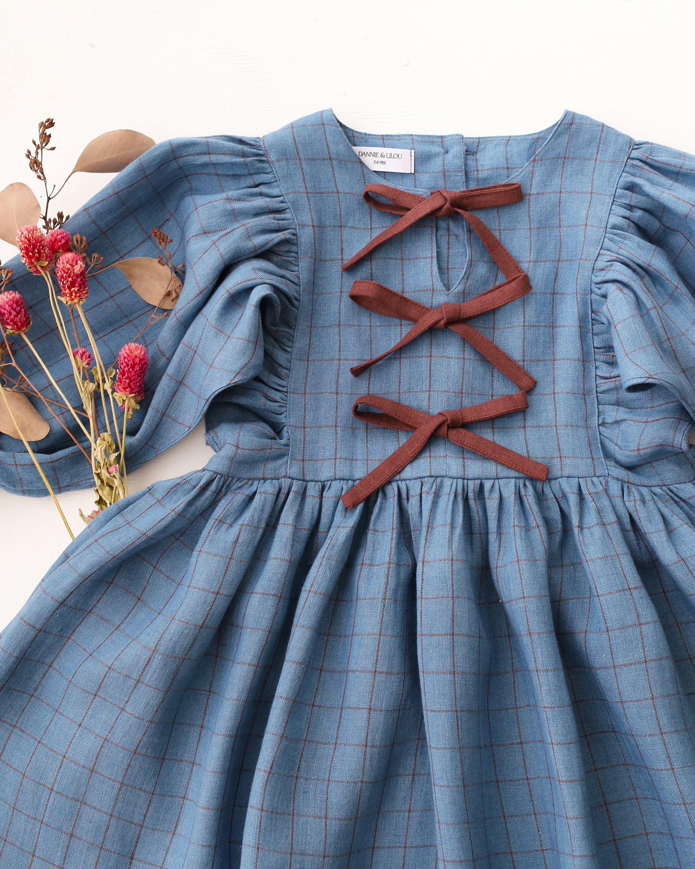 Woodland Sky Check Linen Puff Sleeve Bow Dress with Chocolate Plum Accent Color