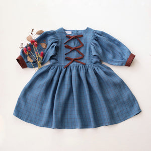 Woodland Sky Check Linen Puff Sleeve Bow Dress with Chocolate Plum Accent Color